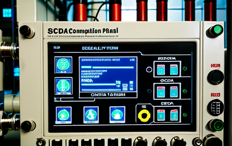 **
A SCADA system control panel at a desalination plant, with alarms flashing and a warning message indicating a chemical overdose. Focus on the digital interface, highlighting the vulnerability of the outdated system. Include elements of industrial equipment and water pipes in the background. Style: Cyberpunk aesthetic with a sense of urgency.
**