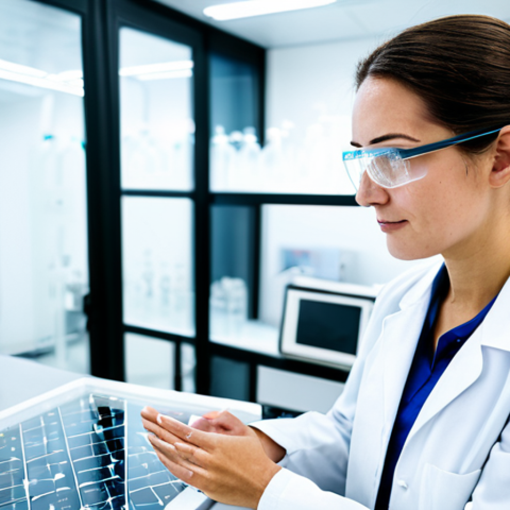 A professional female engineer in a clean lab coat, fully clothed, appropriate attire, examining a translucent, advanced thin-film nanocomposite (TFN) membrane module with an integrated display showing molecular structures. The setting is a brightly lit, modern research laboratory, with blurred futuristic desalination plant equipment in the background. The image emphasizes precision and technological innovation. professional photography, ultra-detailed, high resolution, soft studio lighting, perfect anatomy, correct proportions, natural pose, well-formed hands, proper finger count, natural body proportions, safe for work, appropriate content, fully clothed, professional, modest.