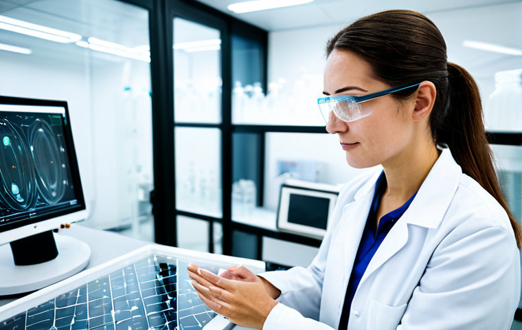 A professional female engineer in a clean lab coat, fully clothed, appropriate attire, examining a translucent, advanced thin-film nanocomposite (TFN) membrane module with an integrated display showing molecular structures. The setting is a brightly lit, modern research laboratory, with blurred futuristic desalination plant equipment in the background. The image emphasizes precision and technological innovation. professional photography, ultra-detailed, high resolution, soft studio lighting, perfect anatomy, correct proportions, natural pose, well-formed hands, proper finger count, natural body proportions, safe for work, appropriate content, fully clothed, professional, modest.