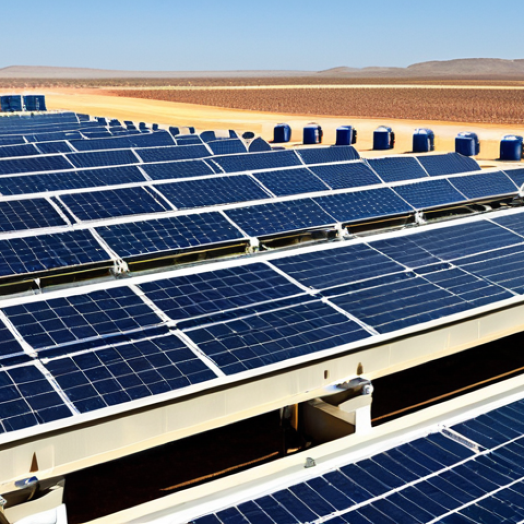 Solar-Powered Desalination Plant**
"A modern, sustainable solar-powered desalination plant in a sunny, arid environment, showcasing rows of photovoltaic panels powering a clean, industrial facility. Fully clothed engineers are visible in the distance, monitoring the operation. Environmentally conscious design, safe for work, appropriate content, fully clothed, professional, perfect anatomy, natural proportions, high quality, professional photography, realistic."
**