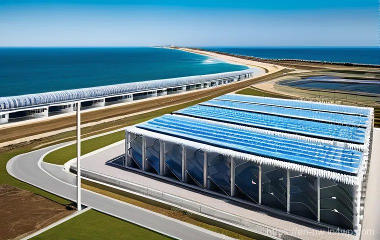 담수화 기술의 법적 규제 현황 - **Prompt:** "A futuristic, sustainable desalination plant integrated seamlessly with a pristine coas...