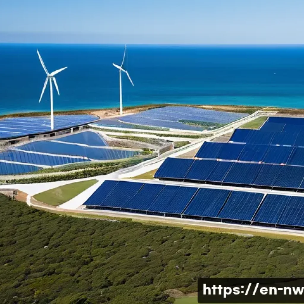담수화 기술에 대한 대중의 인식 변화 - A cutting-edge coastal desalination plant powered by solar panels and wind turbines, surrounded by a...