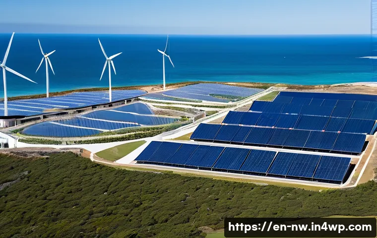 담수화 기술에 대한 대중의 인식 변화 - A cutting-edge coastal desalination plant powered by solar panels and wind turbines, surrounded by a...
