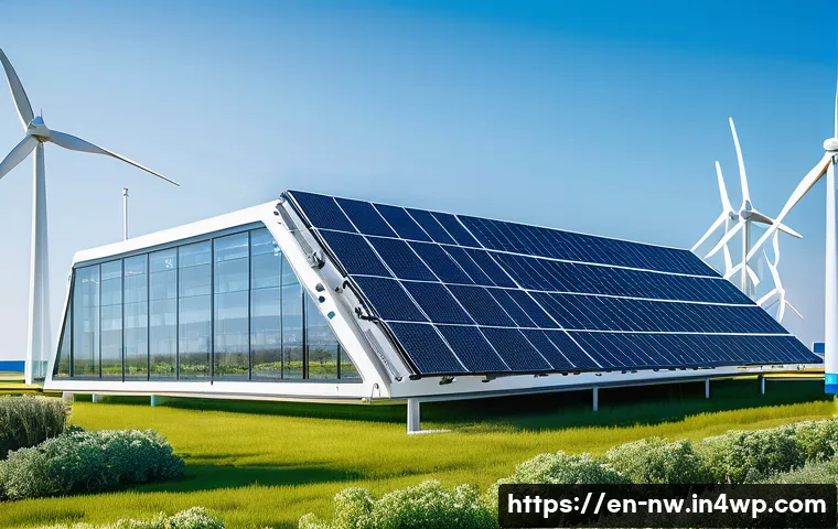 기술 발전에 따른 담수화 가격 변동 예측 - A futuristic desalination plant powered by solar panels and wind turbines, set in a sunny coastal re...