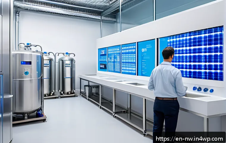 정수 처리와 담수화의 차이점 - A modern urban water purification facility interior, featuring advanced nanofiltration membranes and...