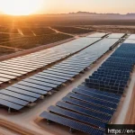 Home 23 담수화 기술의 통계적 분석 - A high-tech desalination plant at sunrise on a coastal desert landscape, featuring large solar panel...
