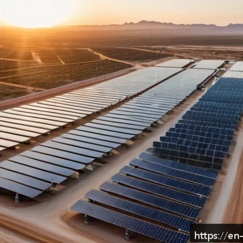 Home 17 담수화 기술의 통계적 분석 - A high-tech desalination plant at sunrise on a coastal desert landscape, featuring large solar panel...