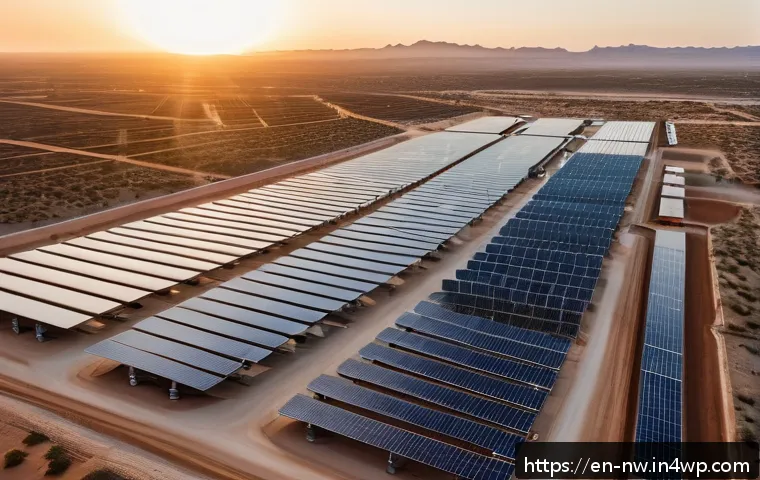 담수화 기술의 통계적 분석 - A high-tech desalination plant at sunrise on a coastal desert landscape, featuring large solar panel...
