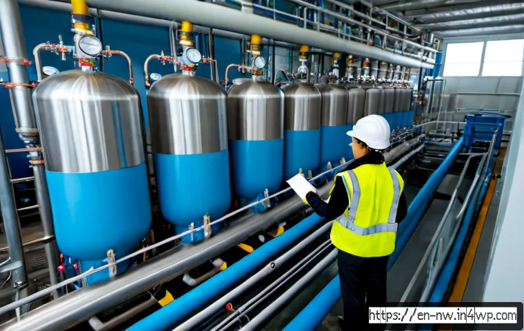 Home 17 담수화 기술의 산업별 응용 사례 - Photorealistic wide-angle view inside a modern coastal desalination plant supplying a city, stainles...