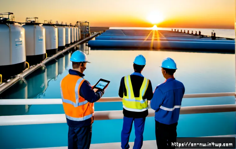 담수화 기술 혁신을 위한 투자 전략 - Photorealistic coastal desalination facility at sunrise, modern reverse-osmosis pipes and filtration...