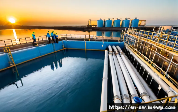 Home 17 담수화 기술과 물 부족 문제 해결 - Photorealistic coastal desalination facility at sunrise, wide-angle view of gleaming reverse-osmosis...