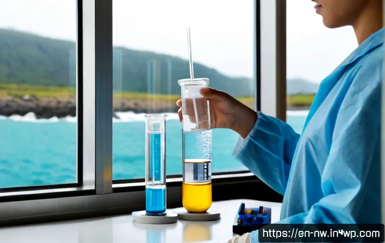 Home 17 담수화 기술의 품질 관리 방안 - Photorealistic coastal desalination laboratory, a water-quality engineer in clean protective clothin...