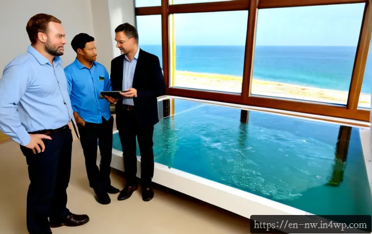 담수화 기술의 고객 요구 분석 - Photorealistic coastal desalination facility meeting room, diverse water utility engineers and commu...